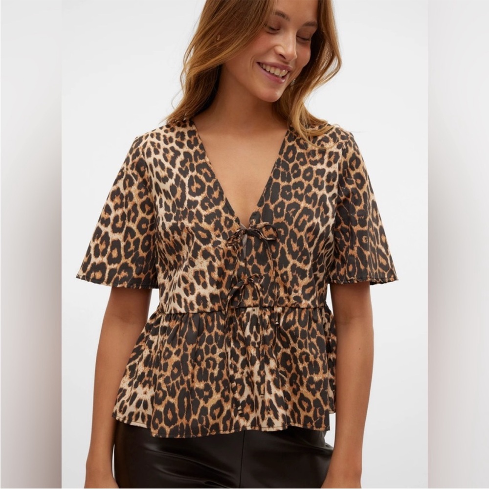 Vero Moda Black and Brown Leopard Print Blouse - Picture 1 of 7